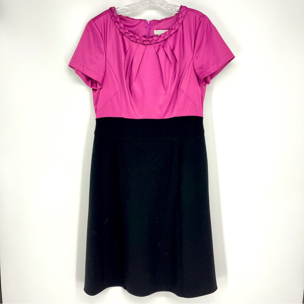 Peter Nygard Midi Dress Vintage Party Purple & Black Satin Top Scoop Neck SZ 12